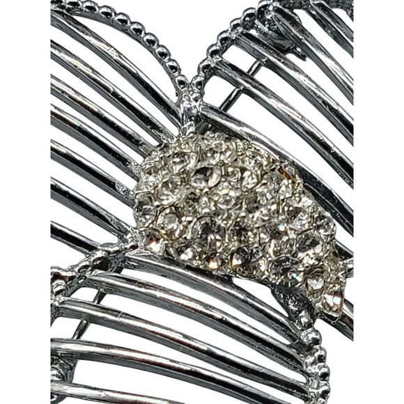 Paved Center 3 Leaf Clover Brooch Silver Tone Open Metal Work Clear Rhinestone - Picture 7 of 8